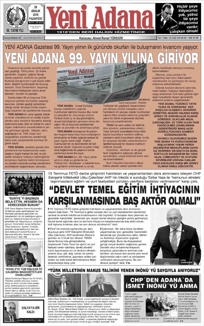 Yeni Adana gazetesi 99. yayın yılına girdi