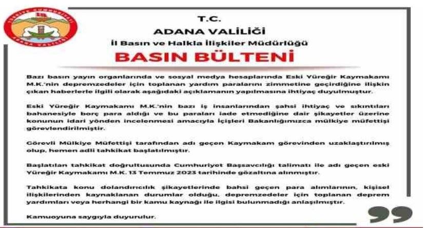 Adana Valiliğinden gözaltına alınan kaymakam ile ilgili açıklama